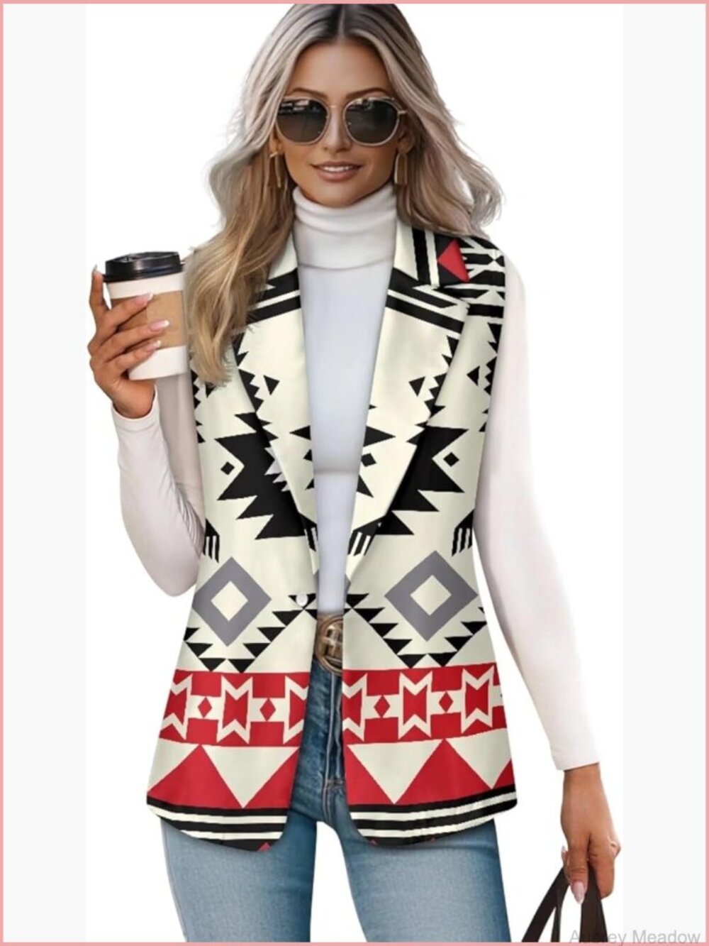 Women's Sleeveless Blazer Vest Aztec Print Button Front Tuxedo Waistcoat